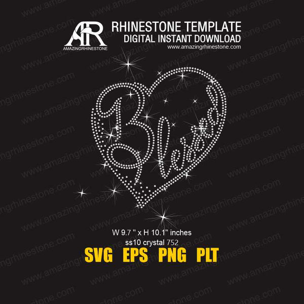 BLESSED Heart rinestone template digital instant download file