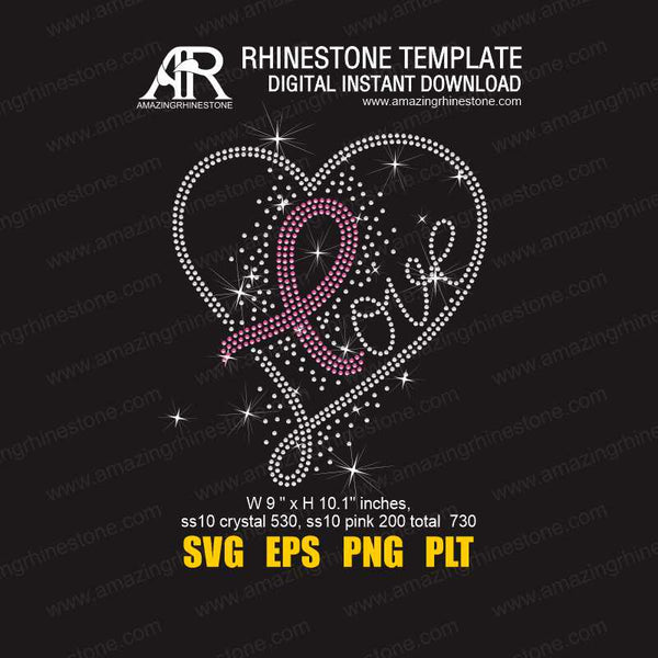 Pink Ribbon Love Heart rinestone template digital instant download file