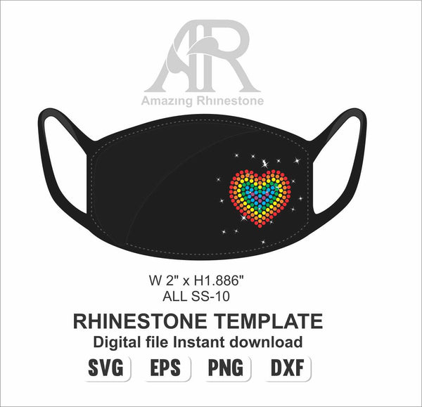 Mini Rainbow Heart rhinestone template instant download file svg eps, rhinestone applique for face mask.